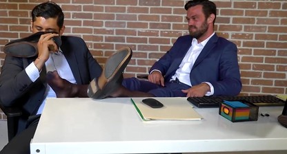 Bearded businessman foot worshipped by kinky Latino stud