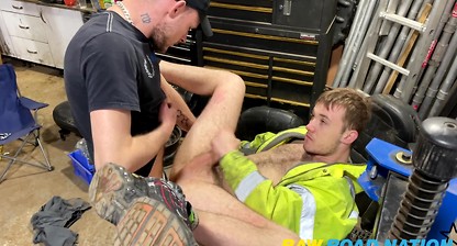 2 REAL sluts on there back's on the tyre machine with a few guys lined up