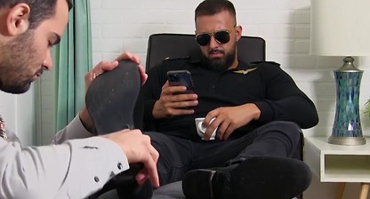 Hot bearded stud foot worshiped and toe sucked by kinky guy