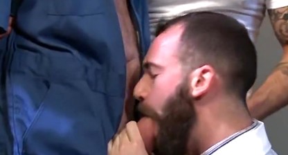 Horny Stephen Harte covered in cum after threesome fucking