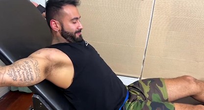 Handsome bearded hunk bound for kinky body and feet tickling