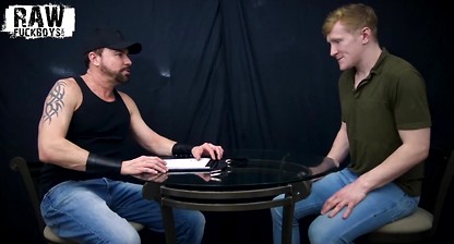 Leather daddy fucks smooth blindfolded guy's face hard