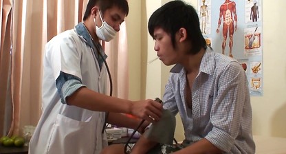 Fisted Asian twink jerking while barebacked by doctor