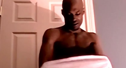 Handsome black jock strips naked and jerks off solo and cums