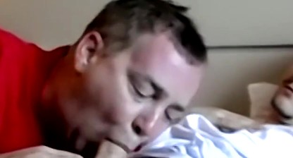Fat mature homosexual receives cum in mouth after 3way BJ